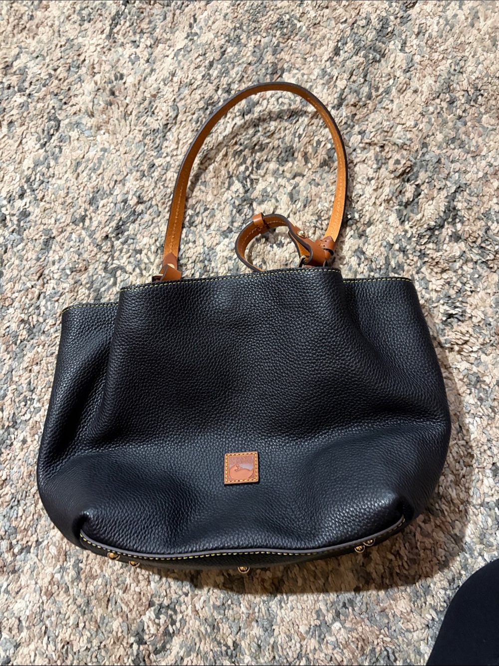 Dooney & Bourke Black Pebbled Leather Shoulder Bag with Tan Handles